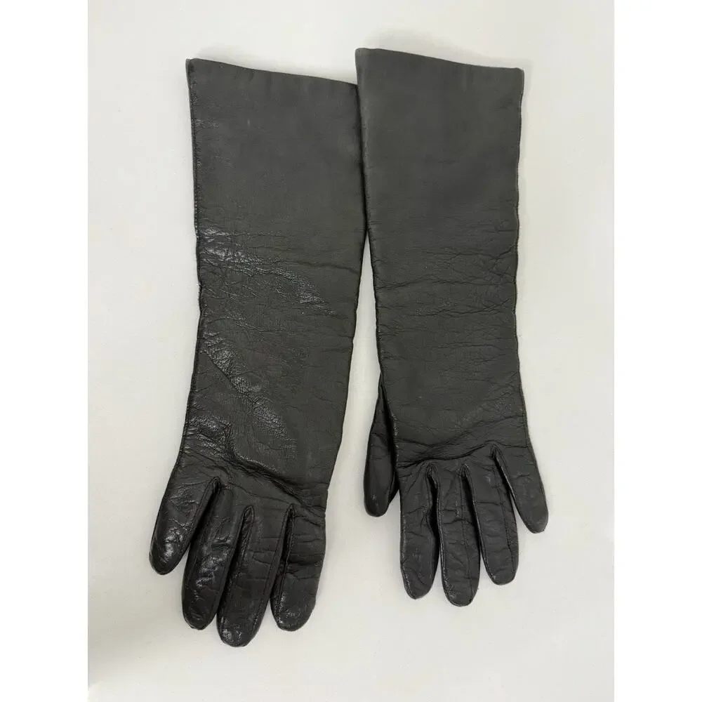 VTG Fownes Long Leather Womens driving gloves lined black size 7